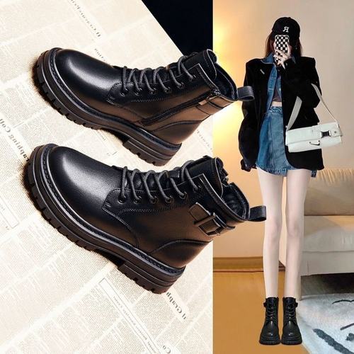 马丁靴女2025秋冬新款英伦风加绒平底黑色百搭短筒小个子厚底短靴