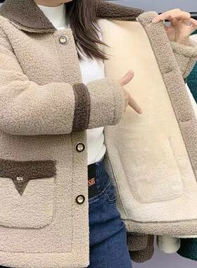 皮毛一体羊羔绒外套女秋冬季新款加绒加厚妈妈装中长款颗粒绒大衣