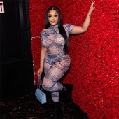 through 性感印花网纱透视修身 jumpsuit mesh see 连体衣 Printed