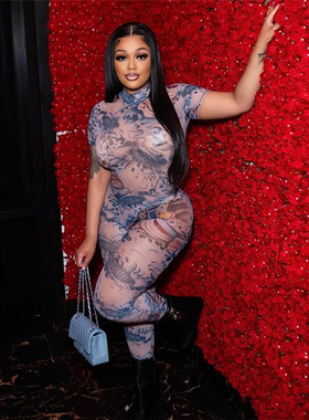 性感印花网纱透视修身连体衣 Printed mesh see-through jumpsuit
