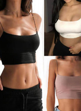 Solid color sexy crop top with crop top纯色露脐细吊带小背心