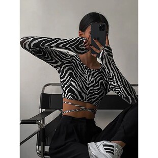 上衣Fall Crop Zebra Backless Top Print 斑马纹系带露背露脐衫