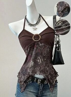 印花网纱拼接挂脖吊带背心上衣Slim Halter Bralette For Women