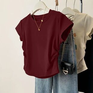 正肩飞袖 Crop 设计感小蛮腰短上衣Casual Sleeve Top Ruffle 夏季