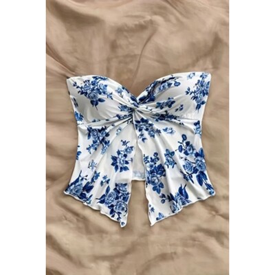 不对称下摆交叉无肩带露肩上衣