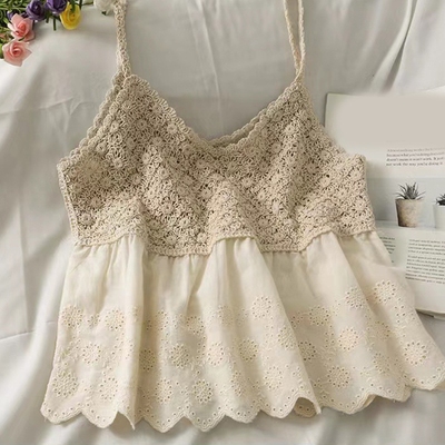 撞色拼接镂空宽松吊带衫