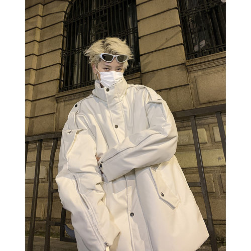 白色pu皮羽绒棉服男冬季美式高街少年感外套oversize小众立领棉袄