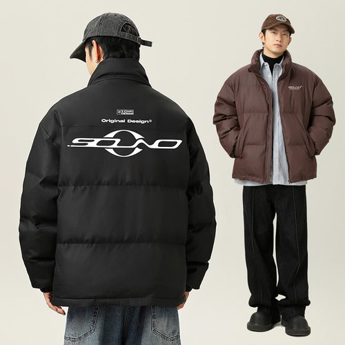 美式字母印花立领PU皮棉服冬季加厚潮牌面包服下摆可调棉衣外套q