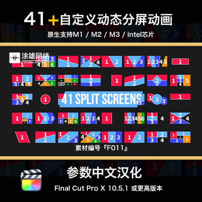 FCPX自定义分屏动画插件FinalCutPro可分9屏视频分割画面中文模板