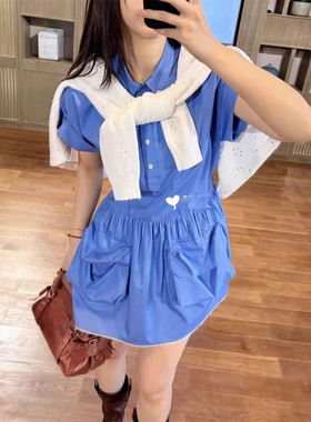 2026早春新款气质优雅甜美少女风口袋翻领短袖连衣裙