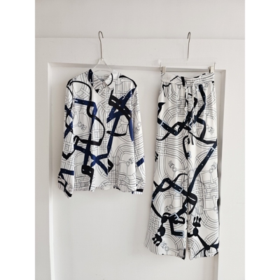 跨境老钱马鞍花纹衬衫阔腿裤套装撞色皮带印花感轻奢富婆装