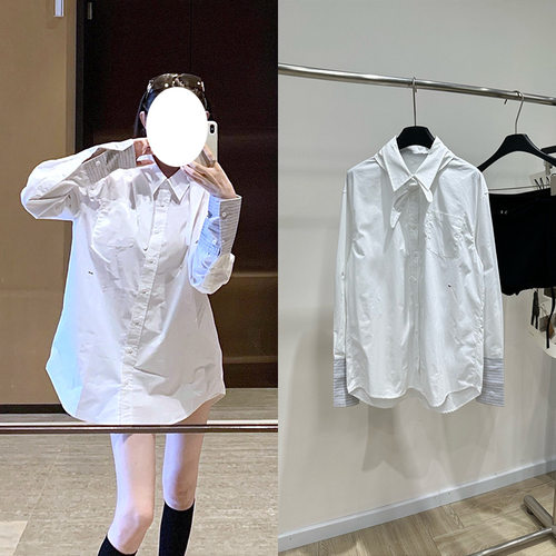 无名女装2026早秋深圳白色领结刺绣条纹袖中长款衬衫慵懒风上衣女