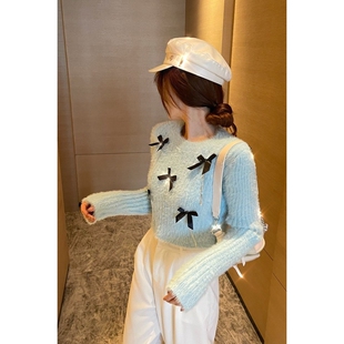 超仙软糯法式气质设计感蝴蝶结闪钻链条短款长袖针织衫毛衣