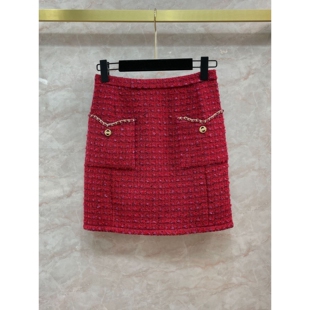 半裙女风羊毛粗纺手工坊金色扣子皮边链条毛呢短裙半身A字裙