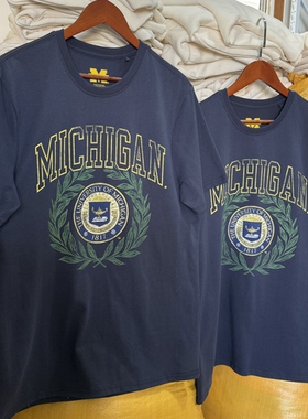 美单 棒球U of M密歇根大学文化衫复古美式学院风短袖T恤男女夏薄