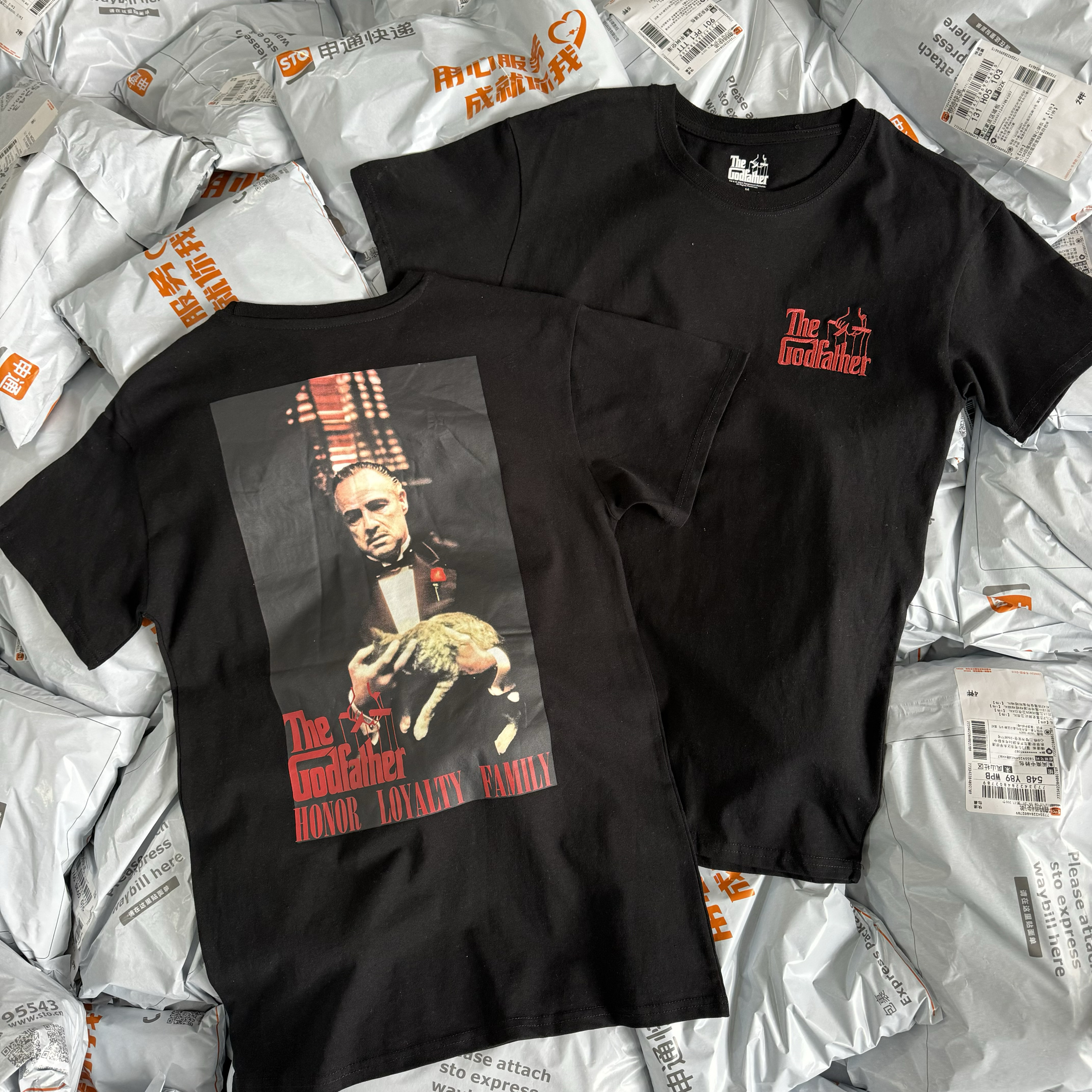 出口订单尾货 刺绣The Godfathe教父黑帮夏透气短袖t恤男女款2847