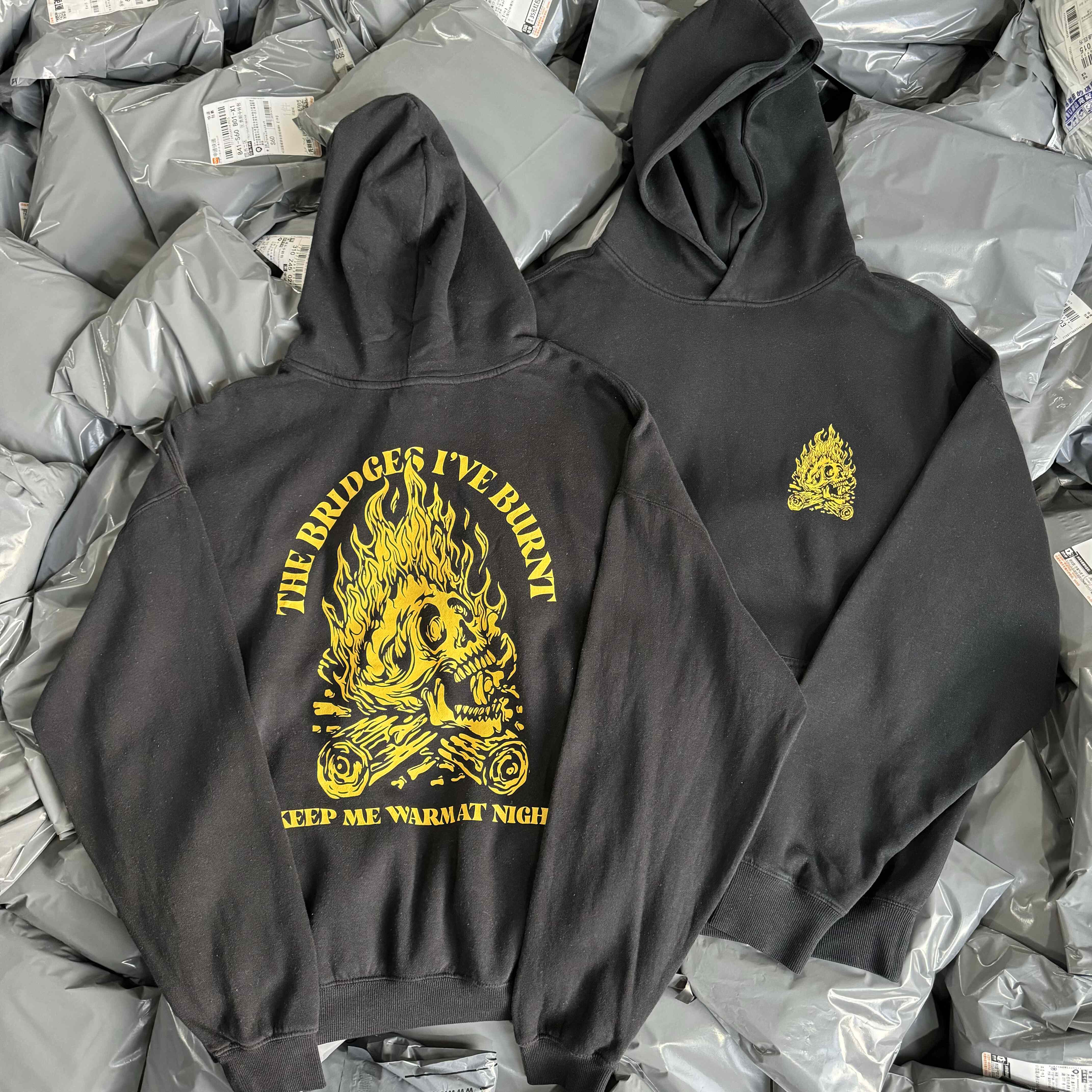 出口单 水洗 美式骷髅火焰 复古男女连帽卫衣秋冬薄绒帽衫短款版