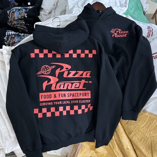 出口单 Piza Planet 丸具总动员 美式复古连帽卫衣男女帽衫短宽版