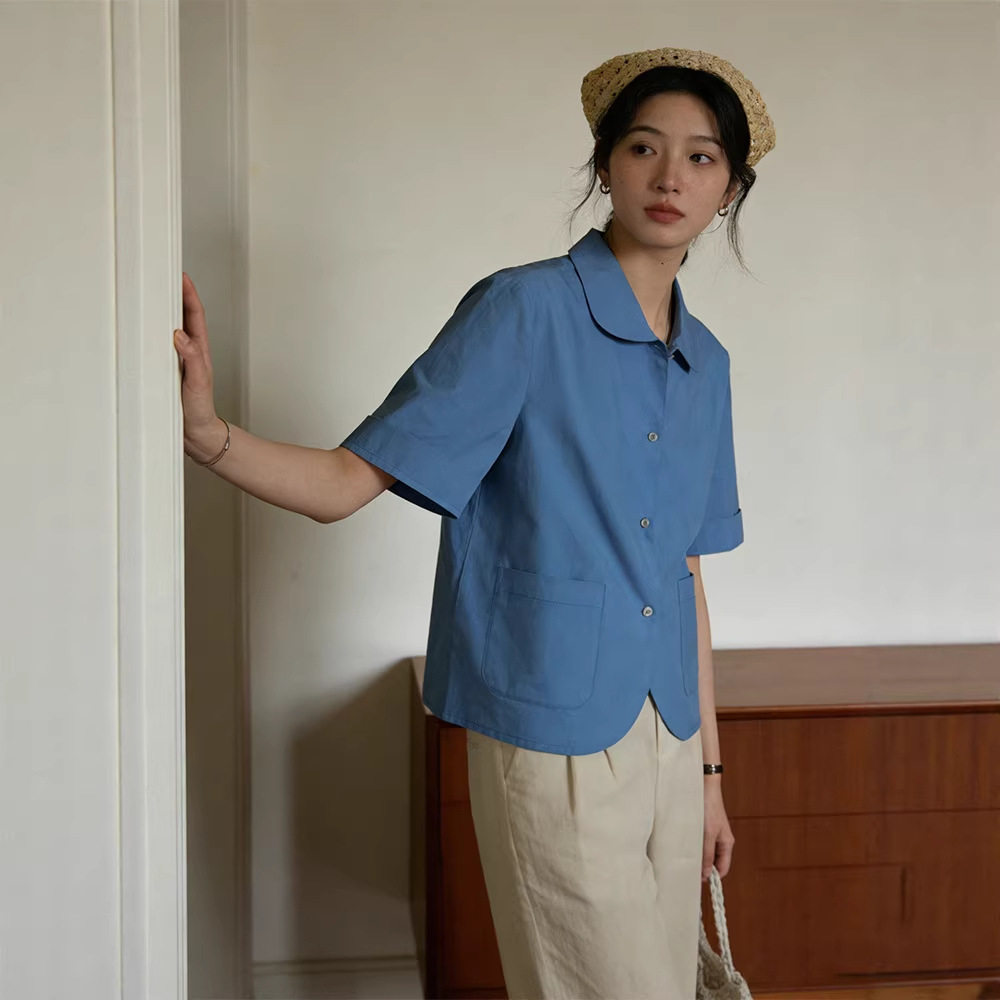 2026SS极简风气质通勤卷边中袖娃娃领翻领百搭纯色衬衫上衣女夏季