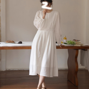 2026春季新款白色连衣裙女长袖气质收腰显瘦灯笼袖法式a字长裙子