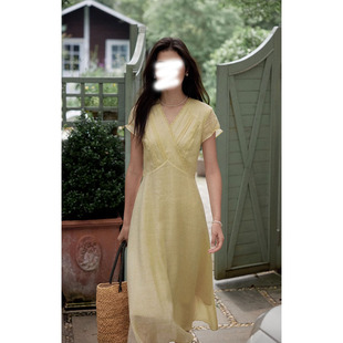 2026新款 连衣裙女夏季 收腰气质显瘦百搭长裙 复古v领短袖 法式