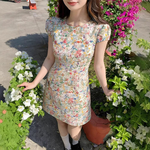 修身 莫奈花信 碎花连衣裙女春夏圆领长短款 气质短袖 收腰裙子 法式