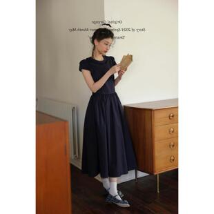 连衣裙女 圆领木耳花边收腰系带复古少女感A字中长款 2026夏季 短袖