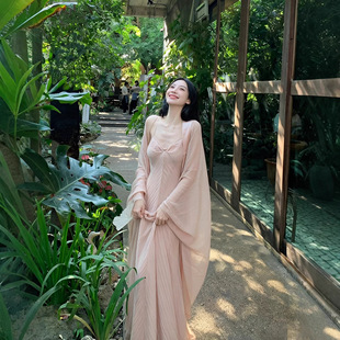 花月夜 吊带v领连衣裙套装 新中式 外套 女春季 麻感鎏光开衫