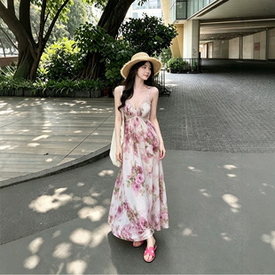【Fart Shop】花漾花海 V领绑带露背吊带连衣裙女春夏蕾丝修饰裙