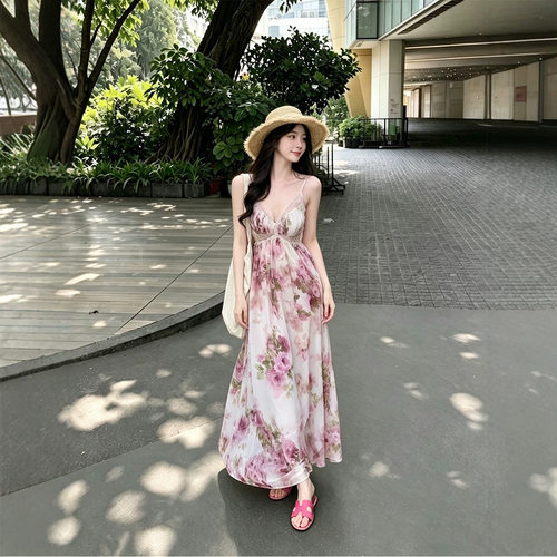 花漾花海V领露背吊带裙