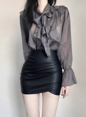 黑色PU皮高腰紧身包臀裙女秋季新款职业显瘦半身裙性感一步裙短裙