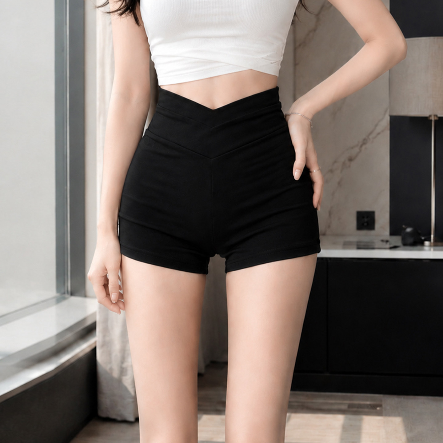 黑色高腰包臀弹力紧身短裤女夏季新款韩版显瘦热裤三分打底休闲裤