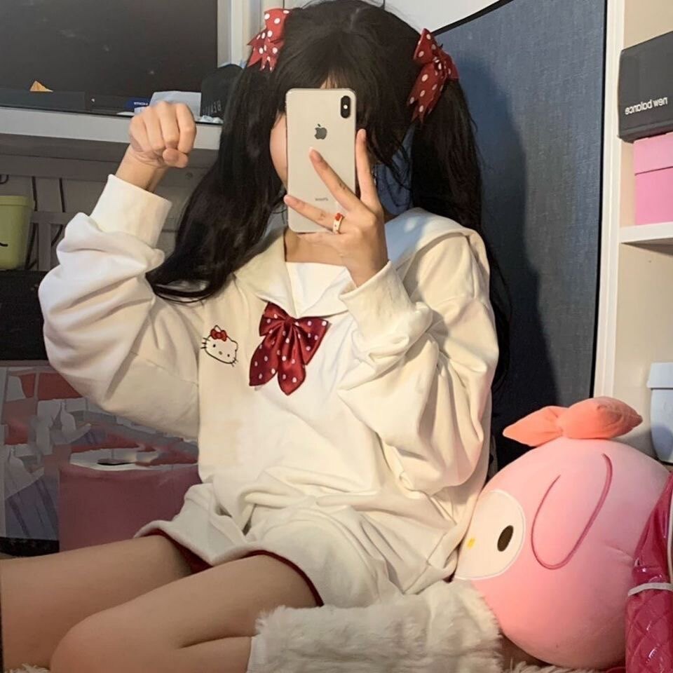猫仙女洋气日系软妹加绒鹿小鹿甜美凯蒂猫绣花宽松长袖海军领上衣