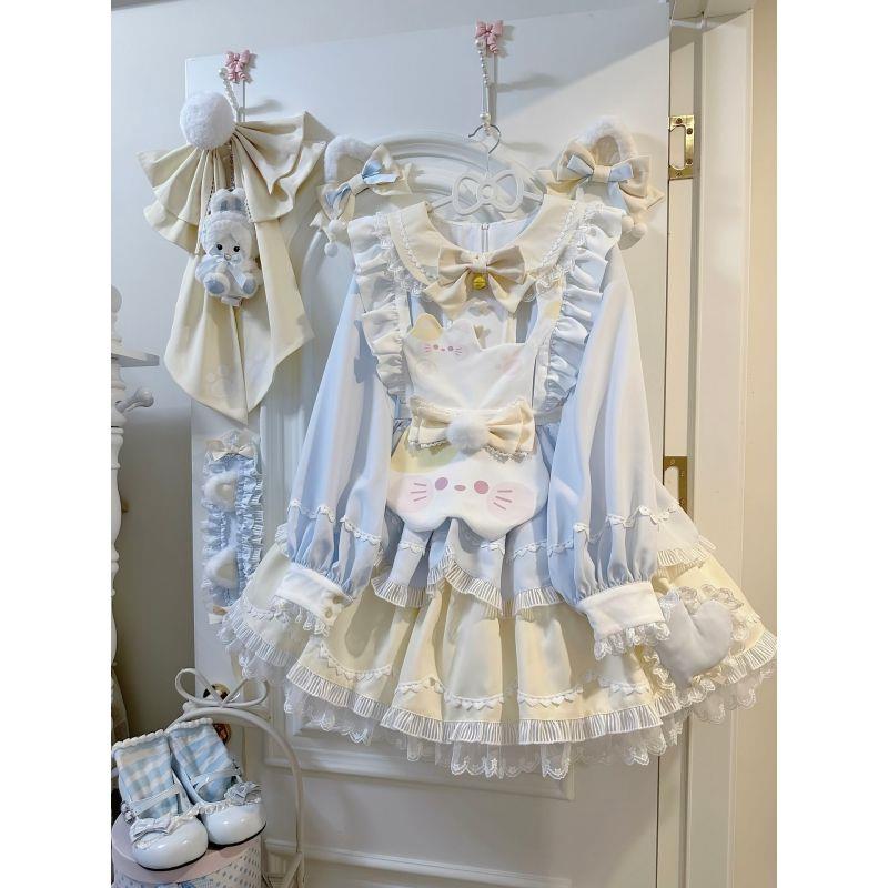 Lolita软萌甜美可爱软妹风洛丽塔连衣裙猫咪围裙长袖蓬蓬裙套装