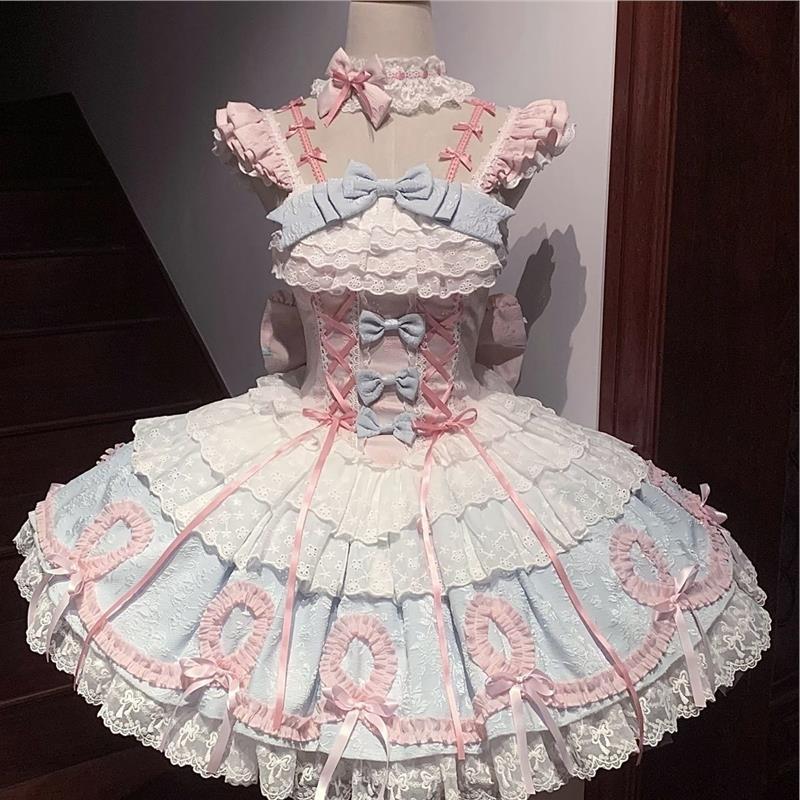 Lolita甜美可爱洛丽塔风蝴蝶结jsk连衣裙女薄荷粉蕾丝公主裙全套