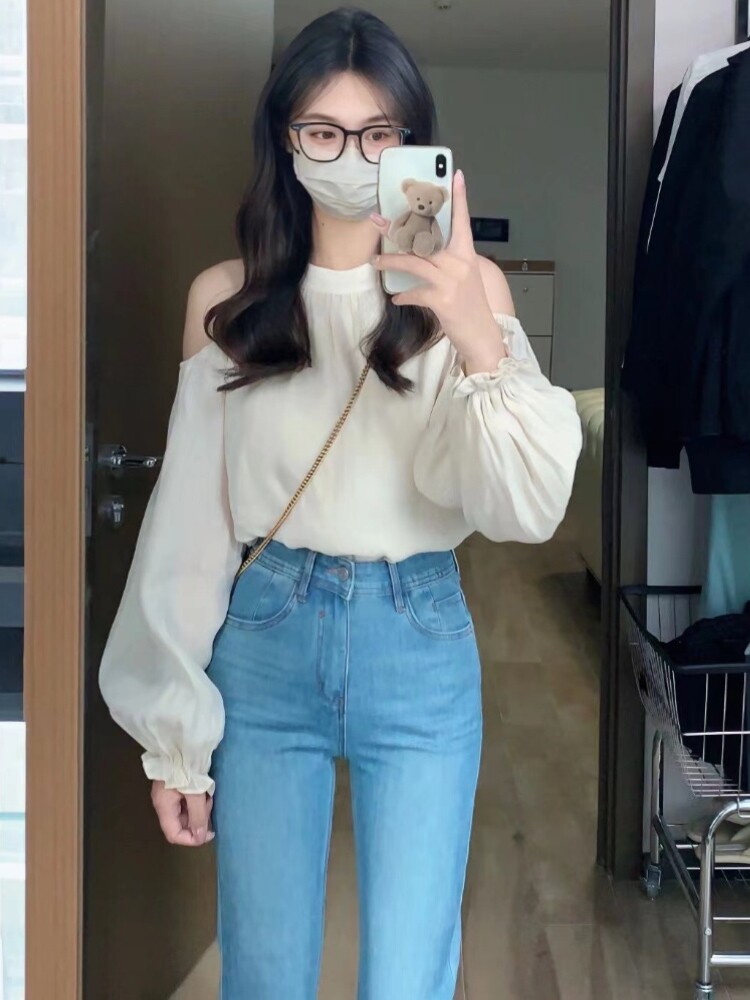 AUTUMN 2024 BEAUTIFUL CHIFFON CHIC TOP WOMENS NICHE DESIGN SEXY SCHEMING OFF-THE-SHOULDER LONG-SLEEVED HALTERNECK SHIRT