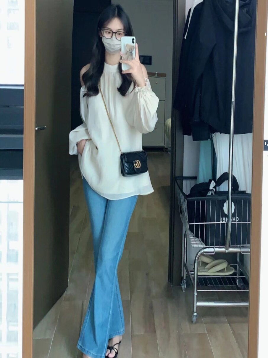 AUTUMN 2024 BEAUTIFUL CHIFFON CHIC TOP WOMENS NICHE DESIGN SEXY SCHEMING OFF-THE-SHOULDER LONG-SLEEVED HALTERNECK SHIRT