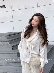 csk丘比特 富贵无极 白富美缎面质感米白色衬衫女光泽感系带衬衣