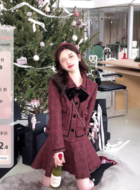 【福利6折清仓】csk丘比特 野浆果Wine 节日系列新年套装毛呢外套