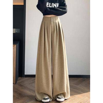 加绒加厚腰毛呢西裤冬装阔腿女秋裤梨高显瘦EMC宽松垂感型P身材拖