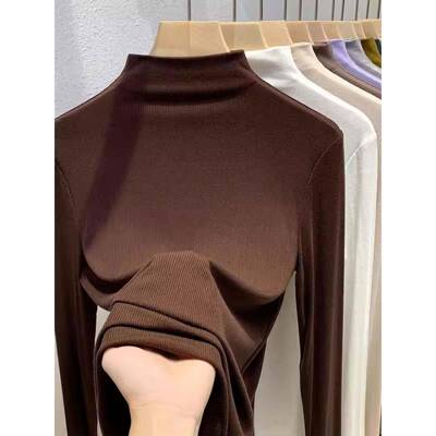 黑色半高领打底衫女长搭袖22STG内5新款春秋领冬螺0纹CR上F中修身