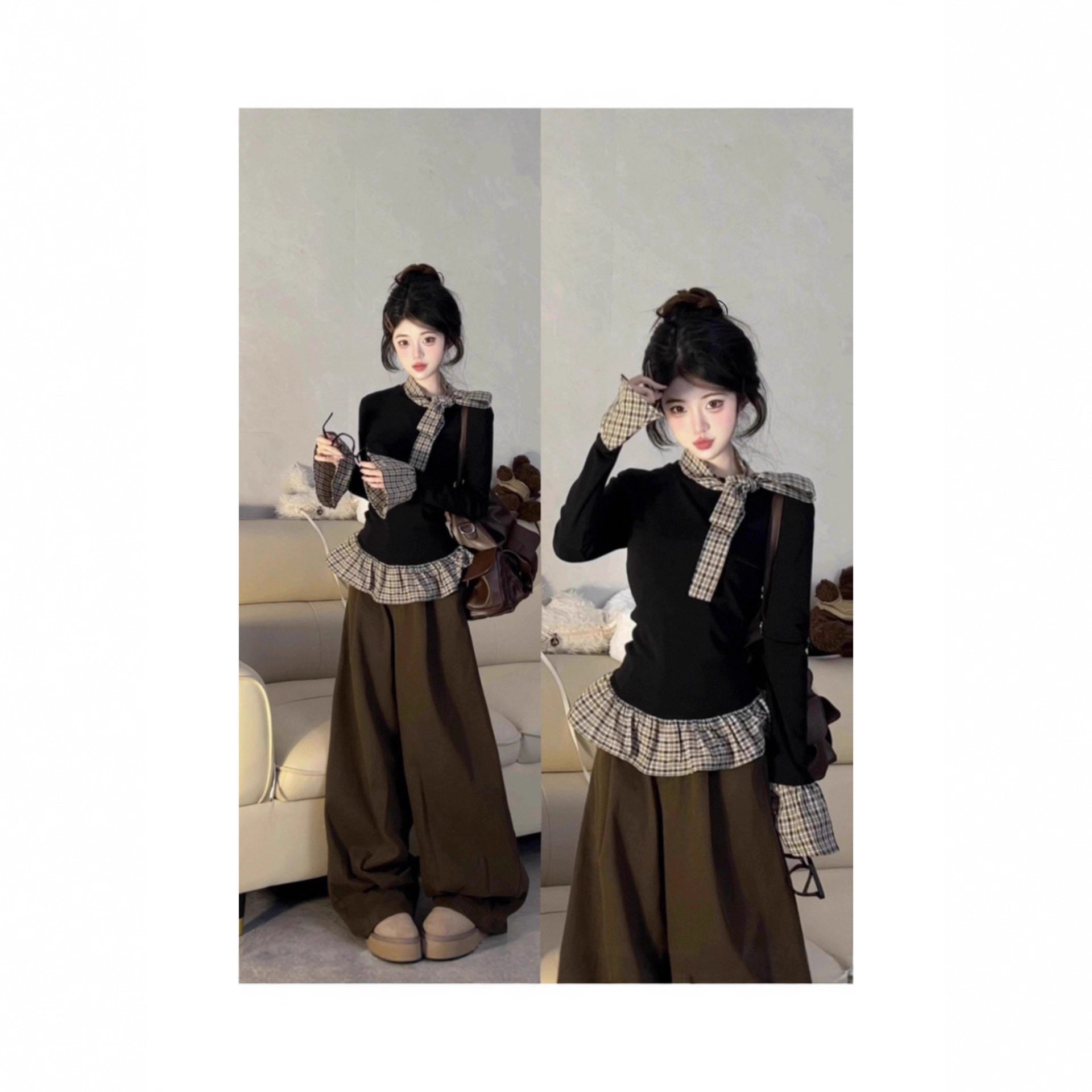 假两件拼接黑色内搭打底衫女秋季洋气修身显瘦辣妹长袖T恤上衣潮