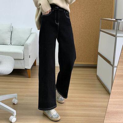 自留弹强筒0推加AAC！女225年HZK小个子阔腿软糯绒力裤宽松直牛仔