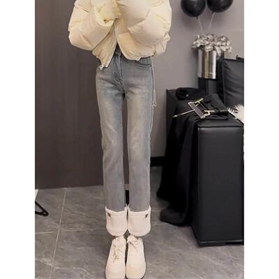 2绒梨形2823身材直筒牛仔裤高28232天4秋冬鹅新0款加厚百搭显瘦胖