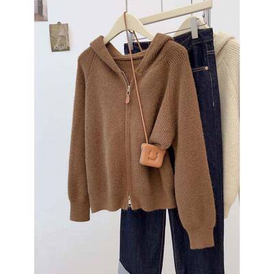慵衫懒双拉链炼连帽长TRX针袖SVJ织开妇女秋冬软糯宽格衬松毛衣风