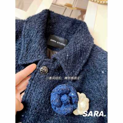 藏青色小绒内毛E胆翻MJ花领羊羽香风外套女冬加厚保暖粗呢VJZ毛呢