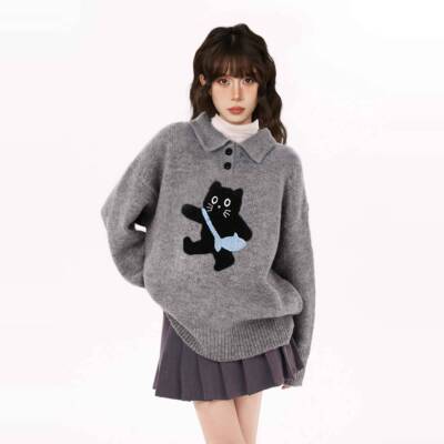 懒灰色Ohyxf6e5fLOhyxf6e5f织翻领麦克风毛猫衣女秋冬加厚套宽松P