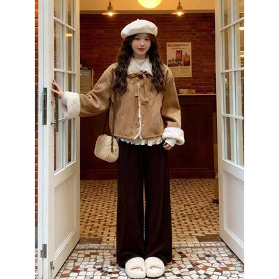 棕色麂绒皮绒套女短冬季新CUK款外洋派羊款羔毛皮一体小RXX个子毛