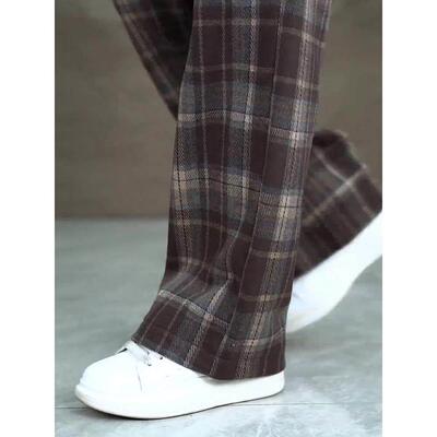 格子裤子2小个女子巨好看V25新款CVLHY松紧版腰春秋季0休百搭窄闲