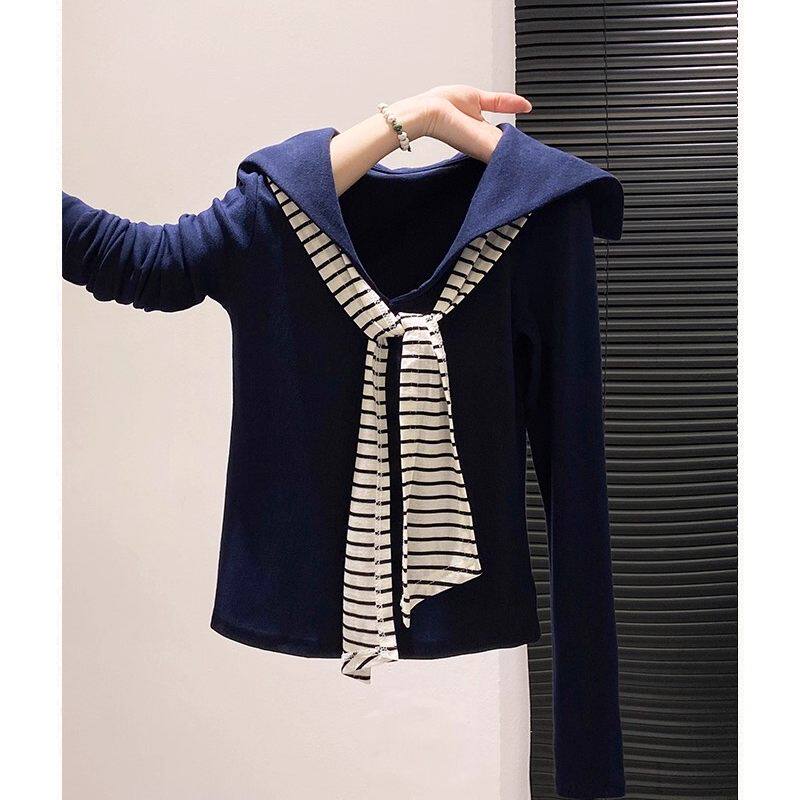 大码胖mm藏青色长袖T恤女春秋季新款条纹领带拼接体恤显瘦上衣服